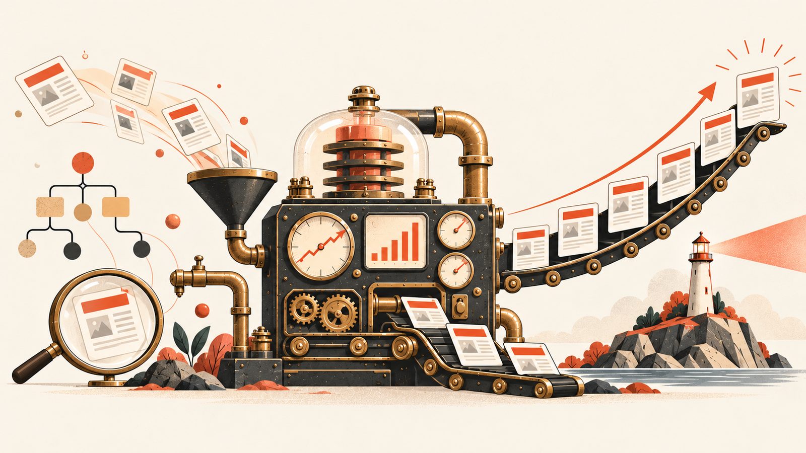 Illustration of the MAS engine — a machine with gauges and dials turning keyword ideas into published pages climbing a rising graph