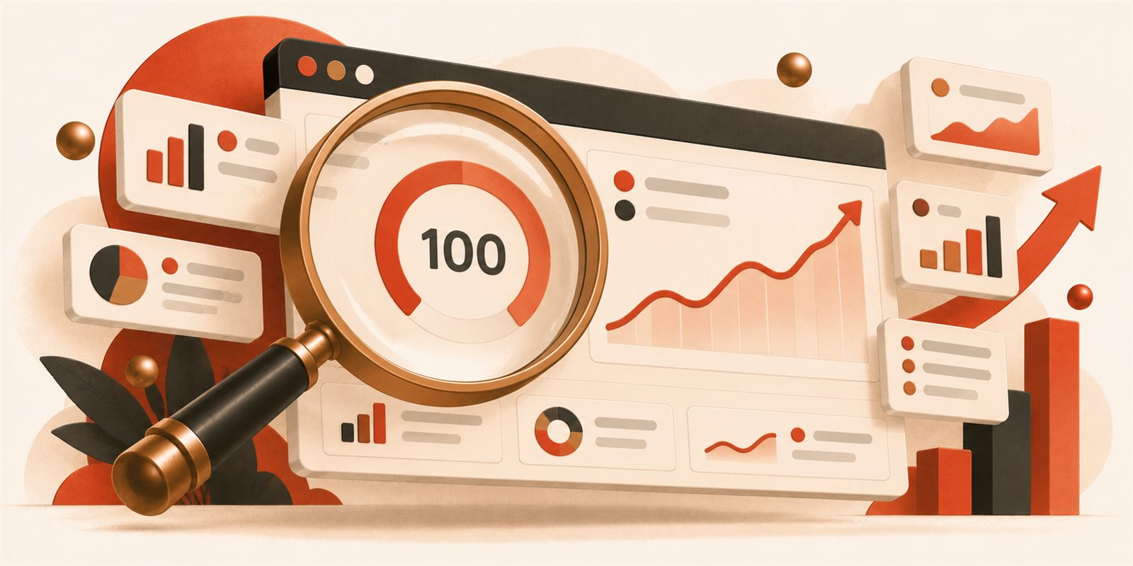 Illustration of an SEO score gauge being inspected