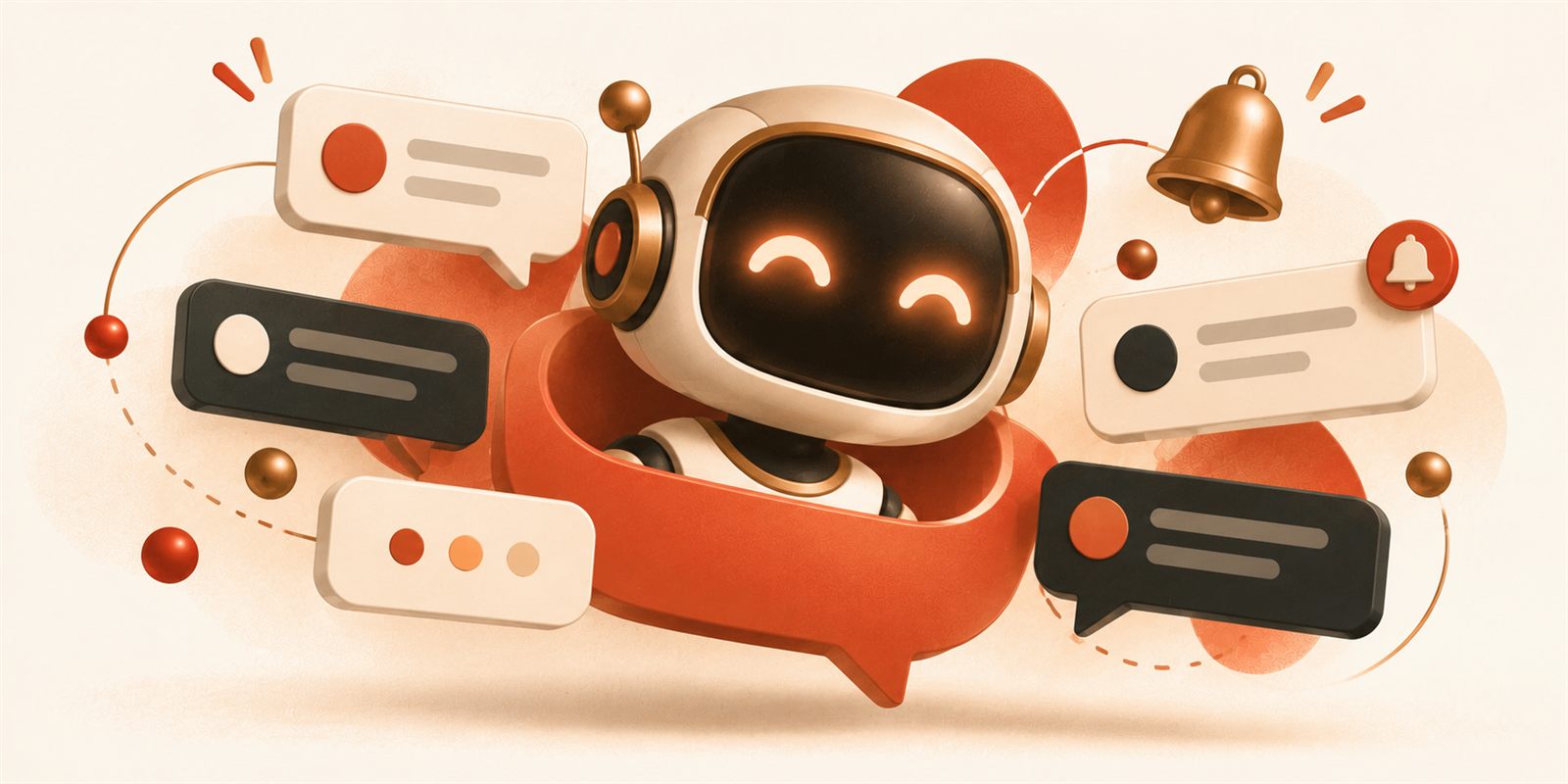 Illustration of a friendly robot inside a chat bubble with floating message cards